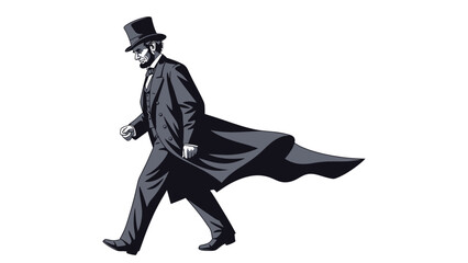 Vintage illustration of a man walking in formal attire with a top hat and long coat.