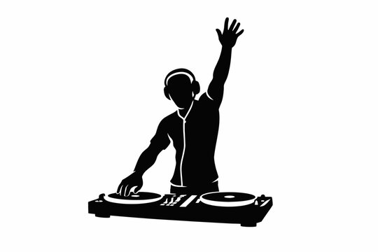 Black Silhouette of Energetic DJ Scratching Turntables with Raised Hand