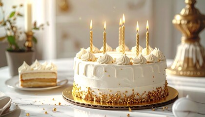Elegant white birthday cake with lit candles and gold accents on decorated table, soft natural lighting, luxurious celebration still life, clean refined party atmosphere