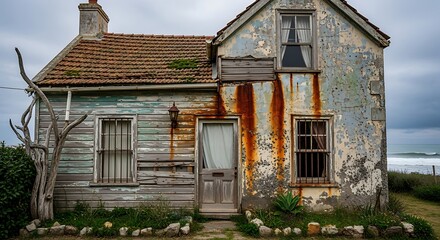 Dilapidated coastal cottage weathered by salt spray and time stands on a windswept shore under a cloudy sky