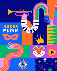 Happy Purim, poster with geometric carnival elements