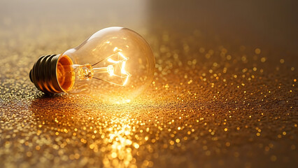 Brilliant single golden lightbulb glowing on shimmering glitter surface symbolizing innovative creative concept design thinking inspiration luminous bulb reflecting luxury gold sparkle