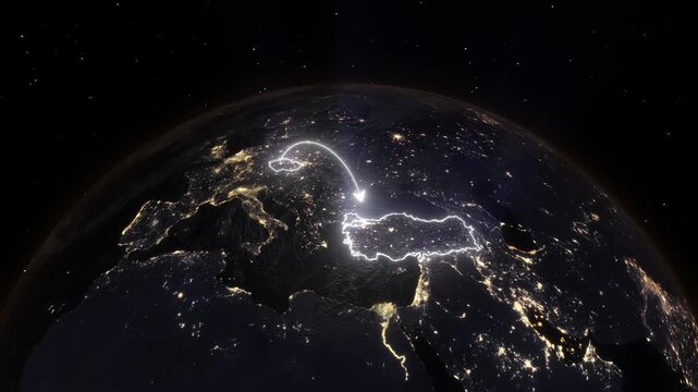Realistic 3D Earth Night Flight Path Arc from Prague Czech Republic to Istanbul Turkey