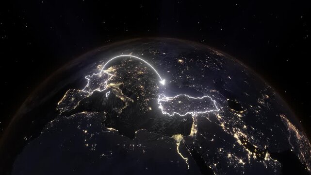 Realistic 3D Earth Night Flight Path Arc from Paris France to Istanbul Turkey