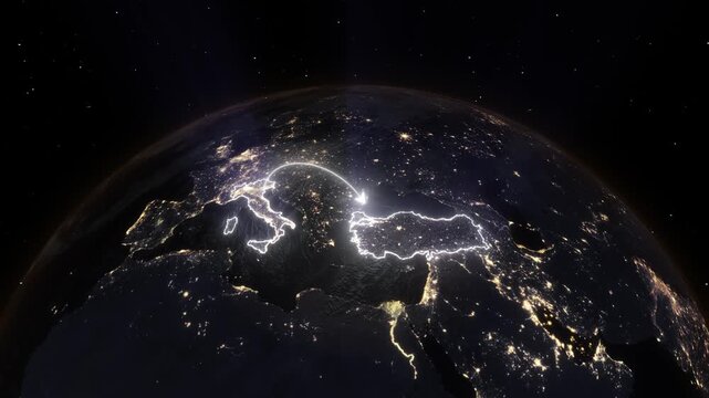 Realistic 3D Earth Night Flight Path Arc from Venice Italy to Istanbul Turkey