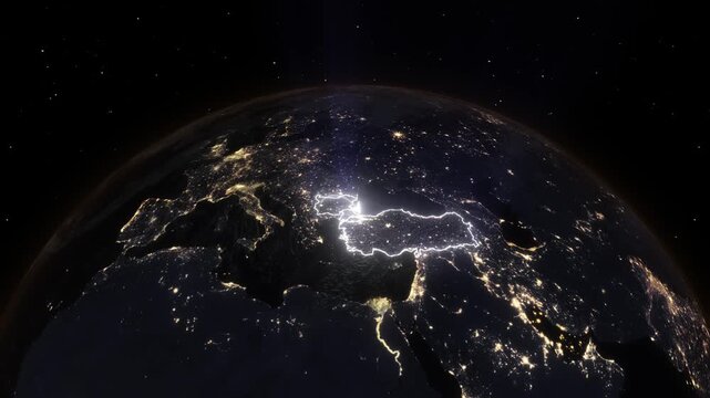 Realistic 3D Earth Night Flight Path Arc from Sofia Bulgaria to Istanbul Turkey