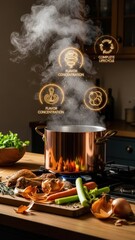 Zero-Waste Bone Broth Simmering in Luxurious Copper Pot with Futuristic Sustainability Holograms in Steam