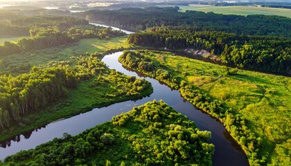 Obraz premium Aerial View of a Winding River Through Lush Green Landscape.