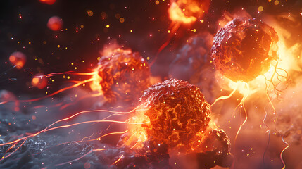Glowing 3D illustration of cancer cells showing abnormal structure and activity in a science view.