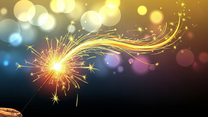 Vibrant sparkler emits bright yellow sparks and glowing embers against a dark background with colorful bokeh lights