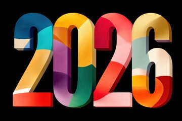 Vibrant 2026 numbers formed from colorful geometric shapes against a dark background