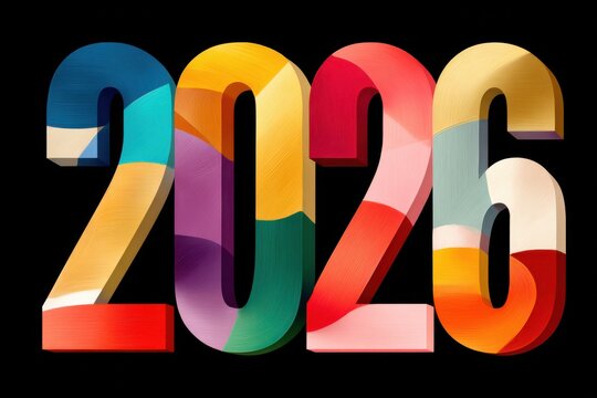 Vibrant 2026 numbers formed from colorful geometric shapes against a dark background - Powered by Adobe