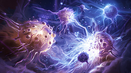 Glowing 3D illustration of cancerous cells revealing abnormal growth and structure in science view.