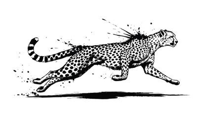 Naklejka premium Vector ink brush painting of a black cheetah in motion. Bold, expressive brushstrokes capture the animal’s speed, grace, and wild energy in a traditional sumi-e style