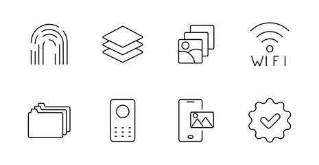 Technology and interface set icon. Fingerprint, layers, image files, wifi, folders, remote control, mobile phone, checkmark badge