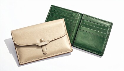 Green leather bifold wallet open and empty, showing card slots and compartments, isolated on white background, minimalist product photography, clean studio lighting