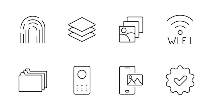Technology and interface set icon. Fingerprint, layers, image files, wifi, folders, remote control, mobile phone, checkmark badge