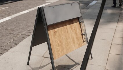 An empty street-side display, A-frame style, constructed of wood and metal