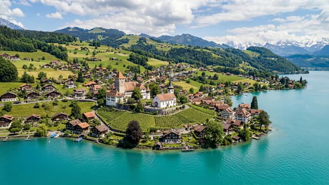Scenic Aerial View Of A Medieval Castle And Village On The Turquoise Lake Thun Shore In The Swiss Alps On A Sunny Day With Lush Green Hills