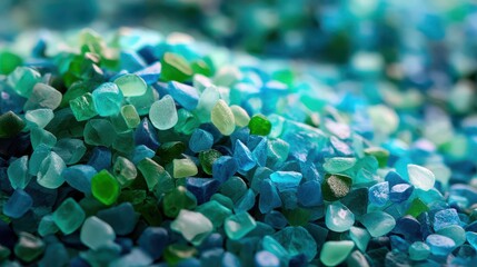 Colorful small stones gathered in a pile showing shades of blue and green under bright light