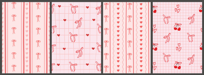 Obraz na płótnie Canvas Playful whimsical heart and bow pattern backgrounds with stripes and grid textures. Romantic pink retro inspired designs for Valentine wedding. Modern feminine stationery, packaging and scrapbooking.