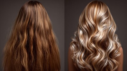 Naklejka premium Transformation From Dull Brown Roots to Vibrant Blonde Highlights With Smooth, Flowing Locks Showcasing a Hair Color Change