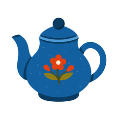 Blue teapot with floral pattern. For cafe menus, tea branding, kitchen decor, stickers, posters, web banners.