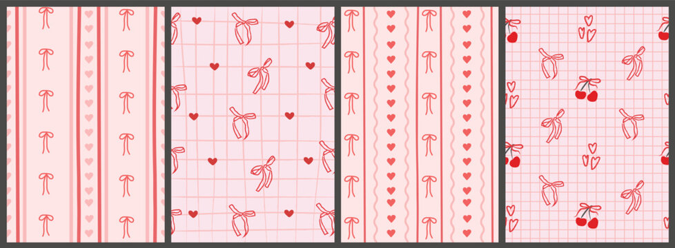 Playful whimsical heart and bow pattern backgrounds with stripes and grid textures. Romantic pink retro inspired designs for Valentine wedding. Modern feminine stationery, packaging and scrapbooking.