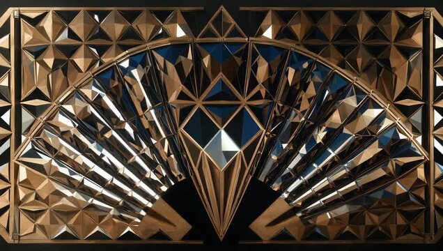 Art Deco style geometric pattern with fan shape and diamond accents in bronze and black.