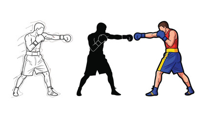 Traveler holding smartphone and passport standing with luggage at airport checkin or security line, outline, silhouette, and color flat design set