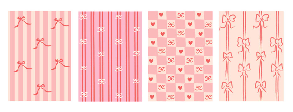 Whimsical pink hearts and bows pattern set with stripes and checkered backgrounds. Playful romantic retro inspired designs for Valentine wedding stationery scrapbooking packaging and creative branding