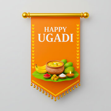 Vibrant Ugadi celebration banner with traditional Indian food