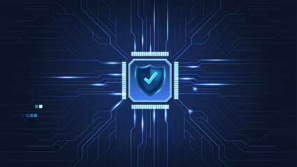An abstract representation of cybersecurity featuring a shield icon surrounded by digital circuitry on a dark background, symbolizing protection.