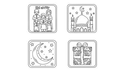 Line art collection depicting traditional family celebrations, mosque architecture, crescent moon, and festive gift for Islamic holidays and cultural events