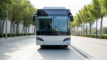 Fototapeta premium Modern city bus drives down tree lined street on sunny day, showcasing urban transportation