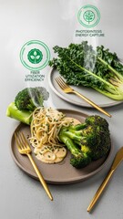 Sophisticated Zero-Waste Deconstructed Broccoli Plating with Futuristic Sustainability and Nutrition Holograms in Modern Fine Dining Setting