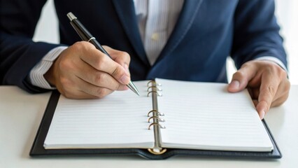Person in suit writing in notebook, focusing on planning and organization