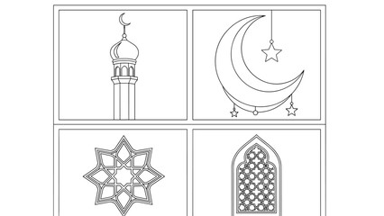 Collection of Traditional Islamic Motifs and Symbols for Festive Celebrations - Elegant Line Art Illustrations for Ramadan, Eid, and Cultural Decor
