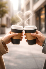 Two cups of coffee with heart shaped steam in cozy cafe romantic mood,Generative ai
