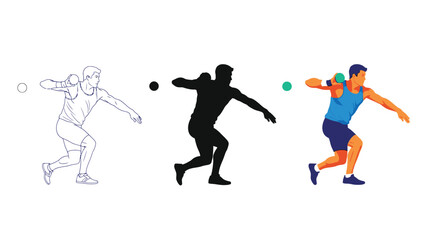 Fencing sport athlete in attack pose set of three variations sketch, silhouette, and full color illustration