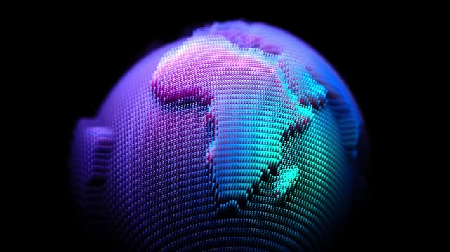 Planet Earth formed from glowing particles rotating in space. Concept of data, technology, network and artificial intelligence. Abstract digital globe on black background, slow motion looped animation