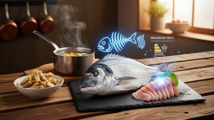 Elegant Zero-Waste Sea Bream Culinary Composition on Rustic Counter with Futuristic Yield and Flavor Holograms