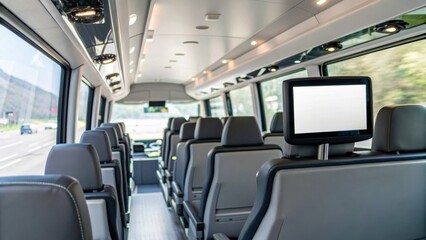 Naklejka premium Modern bus interior with empty seats and blank digital screen, showcasing sleek and comfortable design