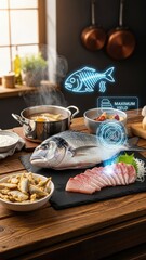 Elegant Zero-Waste Sea Bream Culinary Composition on Rustic Counter with Futuristic Yield and Flavor Holograms