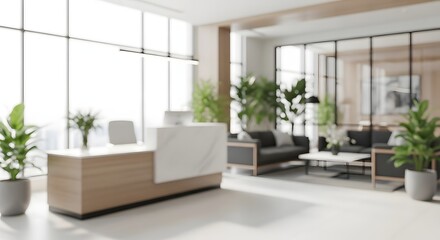 Fototapeta premium Blurred shot of a contemporary office lobby featuring a stylish reception desk and bright waiting area