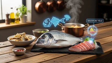 Elegant Zero-Waste Sea Bream Culinary Composition on Rustic Counter with Futuristic Yield and Flavor Holograms