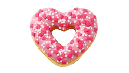 Pink heart-shaped donut with white and pink sprinkles, sweet treat on white.