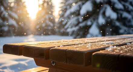 Obraz premium Wooden picnic table in a snowy forest during a beautiful sunrise or sunset