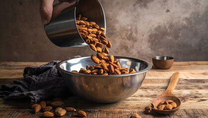 Hand pouring almonds into a mixing bowl for cooking prep, shallow depth, natural kitchen scene light mood