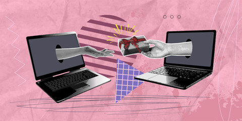 A trendy halftone collage. A man's hand, from a laptop, presents a gift box to a woman, whose hand is sticking out of a second laptop. Holiday shopping concept on a soft pink background. Advertising s